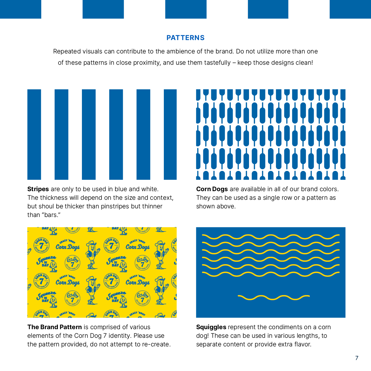 Visual patterns including blue and black striped lines, blue and black chain links, yellow fabric with cartoon corn dogs and slogans, and yellow and blue wavy lines.