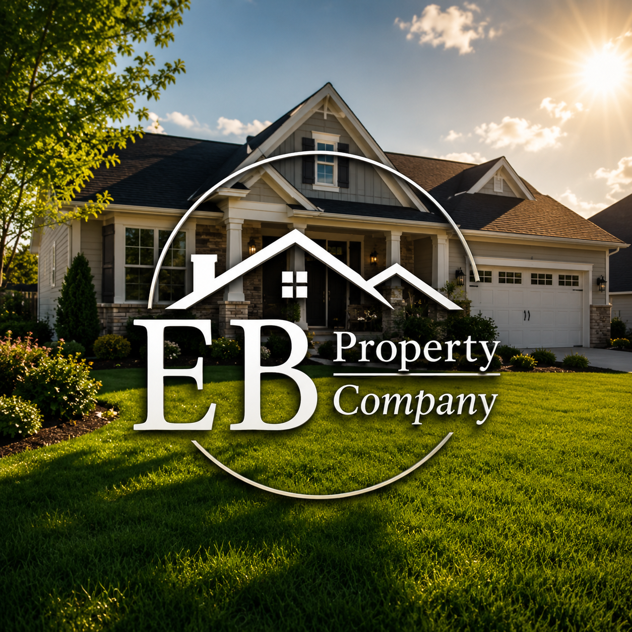 A modern house with a well-maintained lawn and garden, and the logo of EB Property Company superimposed, featuring a house roof line and the company name.
