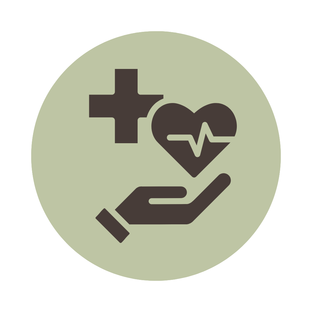 Medical icon showing a hand holding a heart with an electrocardiogram line, a cross, symbolizing healthcare and medical services.