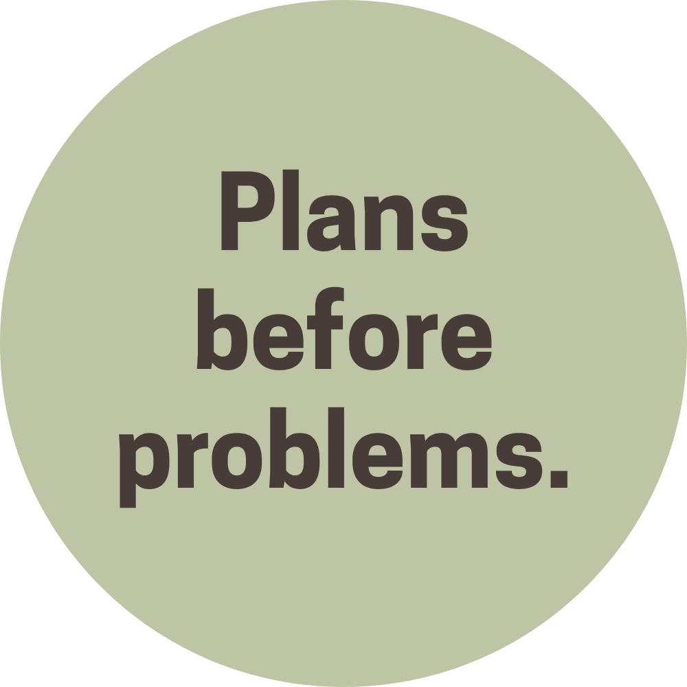 A circular graphic with a light green background and black text that says, "Plans before problems."
