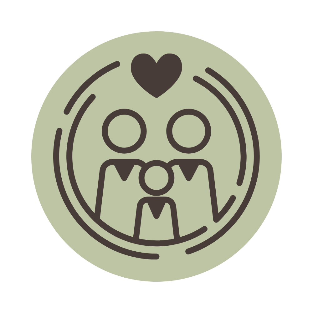 Icon representing a family with two adults and two children, with a heart above them.