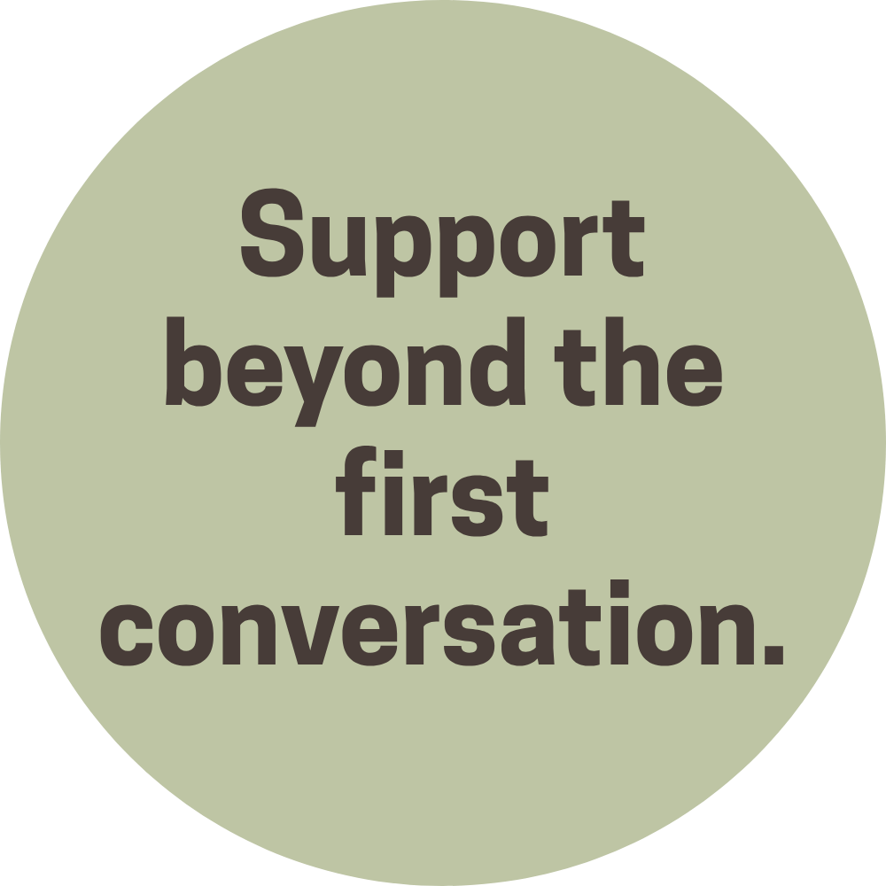 A circular graphic with a pale green background and bold, dark gray text that reads: "Support beyond the first conversation."