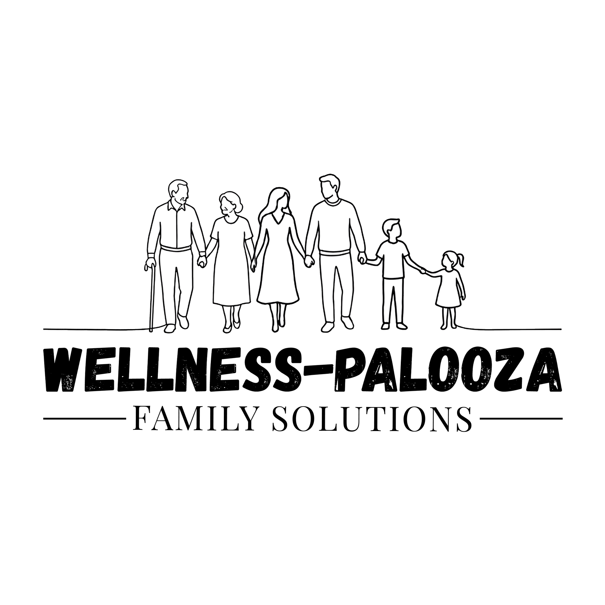 Line drawing of a family holding hands, consisting of a father, mother, two children, and a baby.