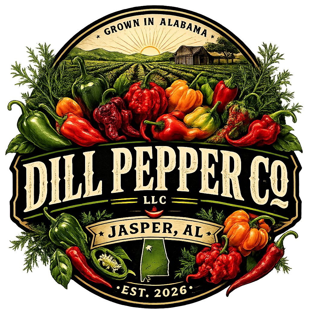A colorful logo for Dill Pepper Co., featuring various peppers and a farm scene in the background with the text 'Grown in Alabama,' 'Jasper, AL,' and 'Est. 2026'.