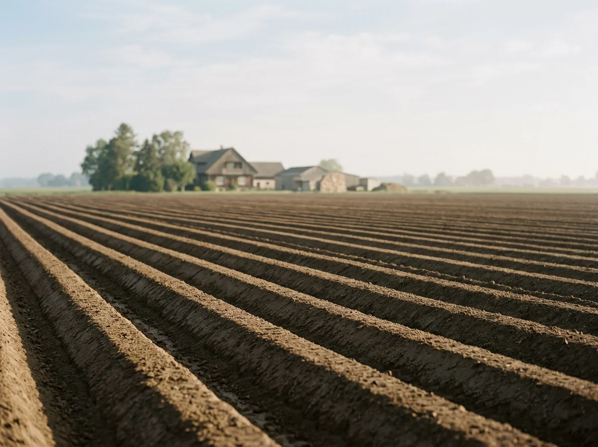 Freshly tilled farm soil with evenly spaced furrows extending towards a farmhouse and barn in the distance under a partly cloudy sky.