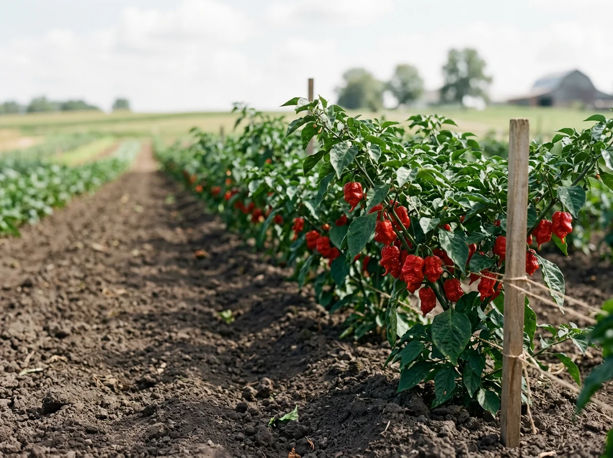 Rows of chili pepper plants on a farm, supported by wooden stakes, under a cloudy sky.