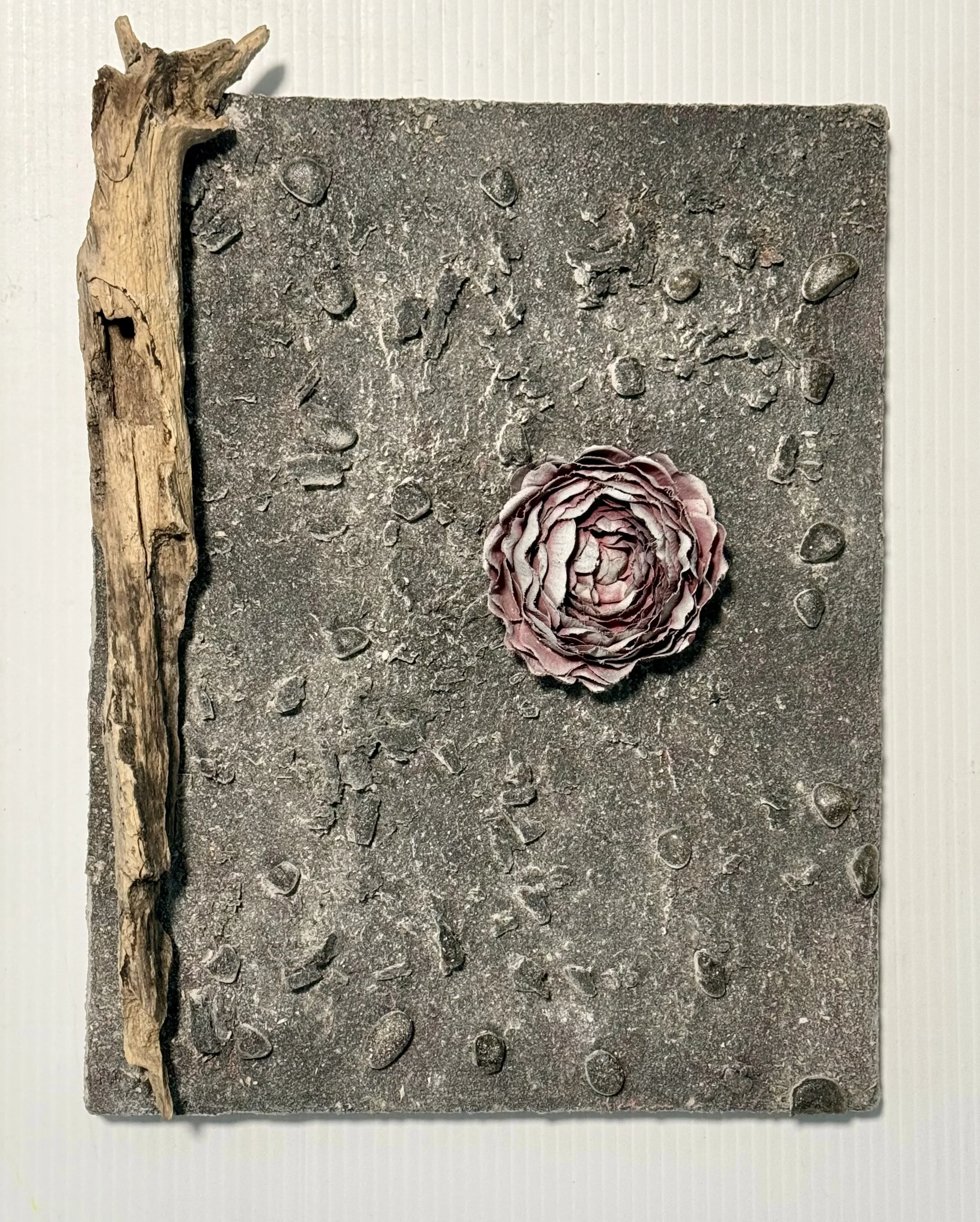  Pyric Genesis , 2026. Wood, rayon, ash, pebbles, oil on canvas – 15.5" X 11" X 2.5" 