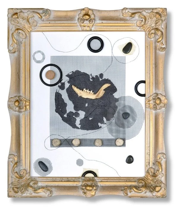  Origin , 2021. Bone, oil, nylon, pebbles, rubber, chewing gum, cotton thread, masking tape, gesso on canvas, gilt frame – 12.5" X 10.5" 1.75" 