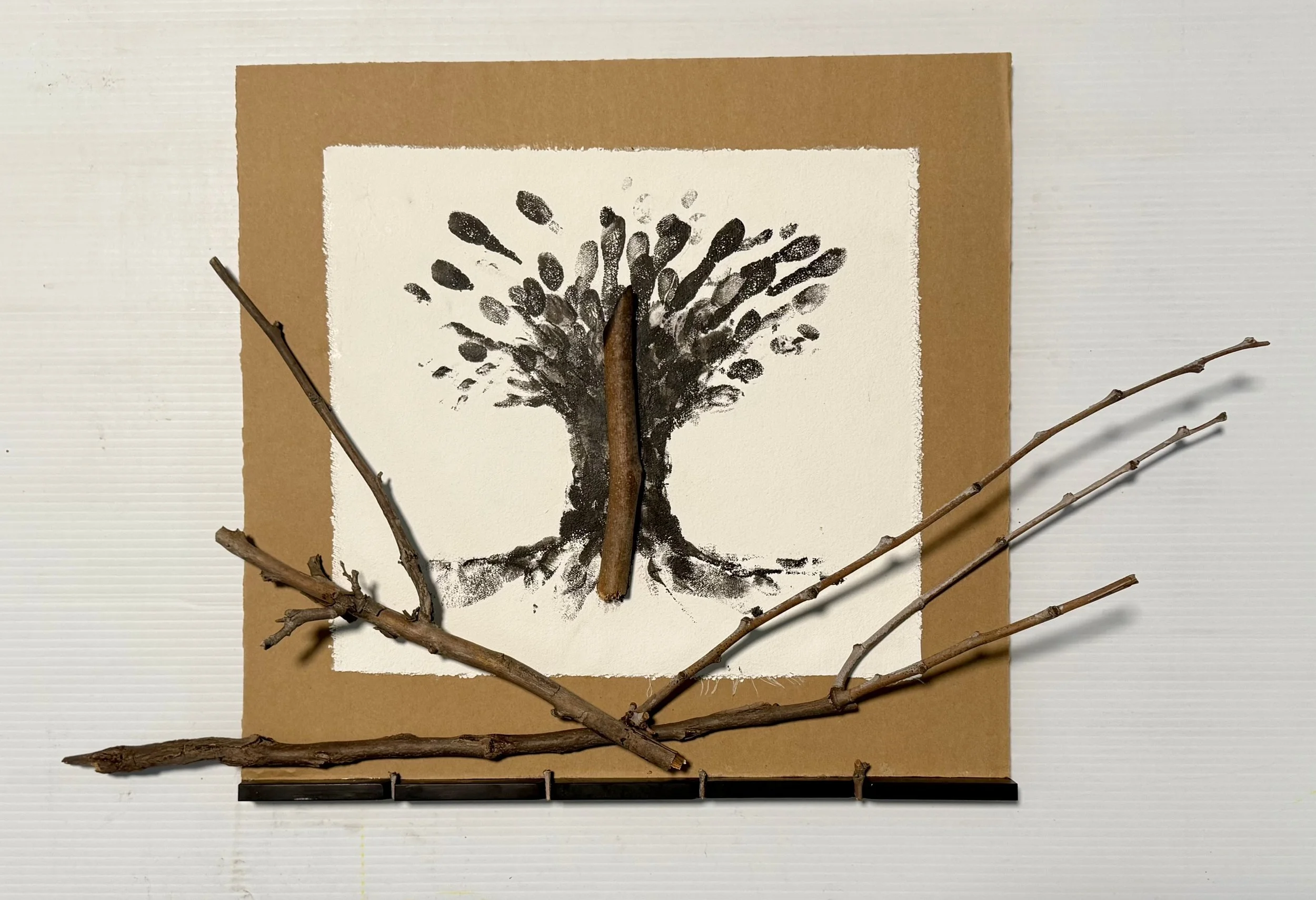 Arbored Fugue , 2026. Branches, acrylic, gessoed canvas on cardboard – 17" X 27" X 4"