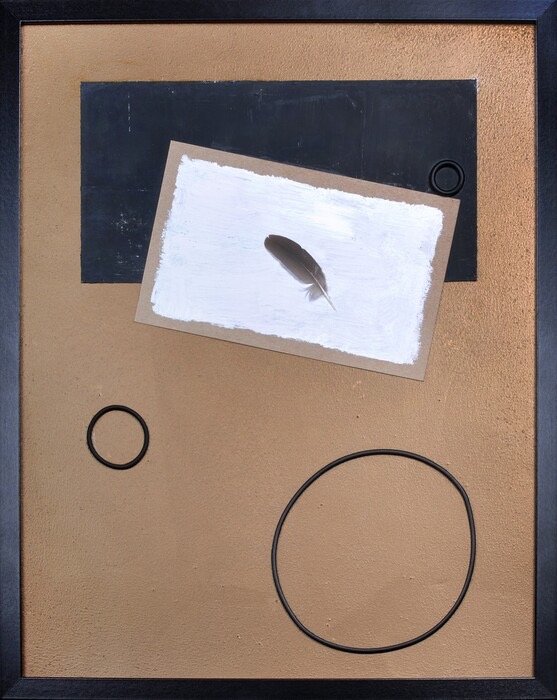  Flight , 2021. Feather, acrylic, cardboard, rubber, oil on foam core – 21" X 17" X 1.5" 