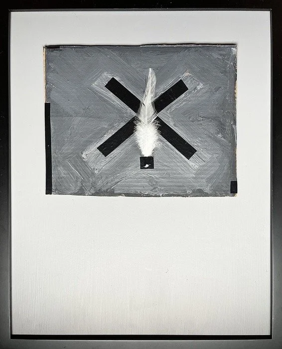  Resurrection , 2021. Feather, electrical tape, acrylic on cardboard – 17" X 21" 