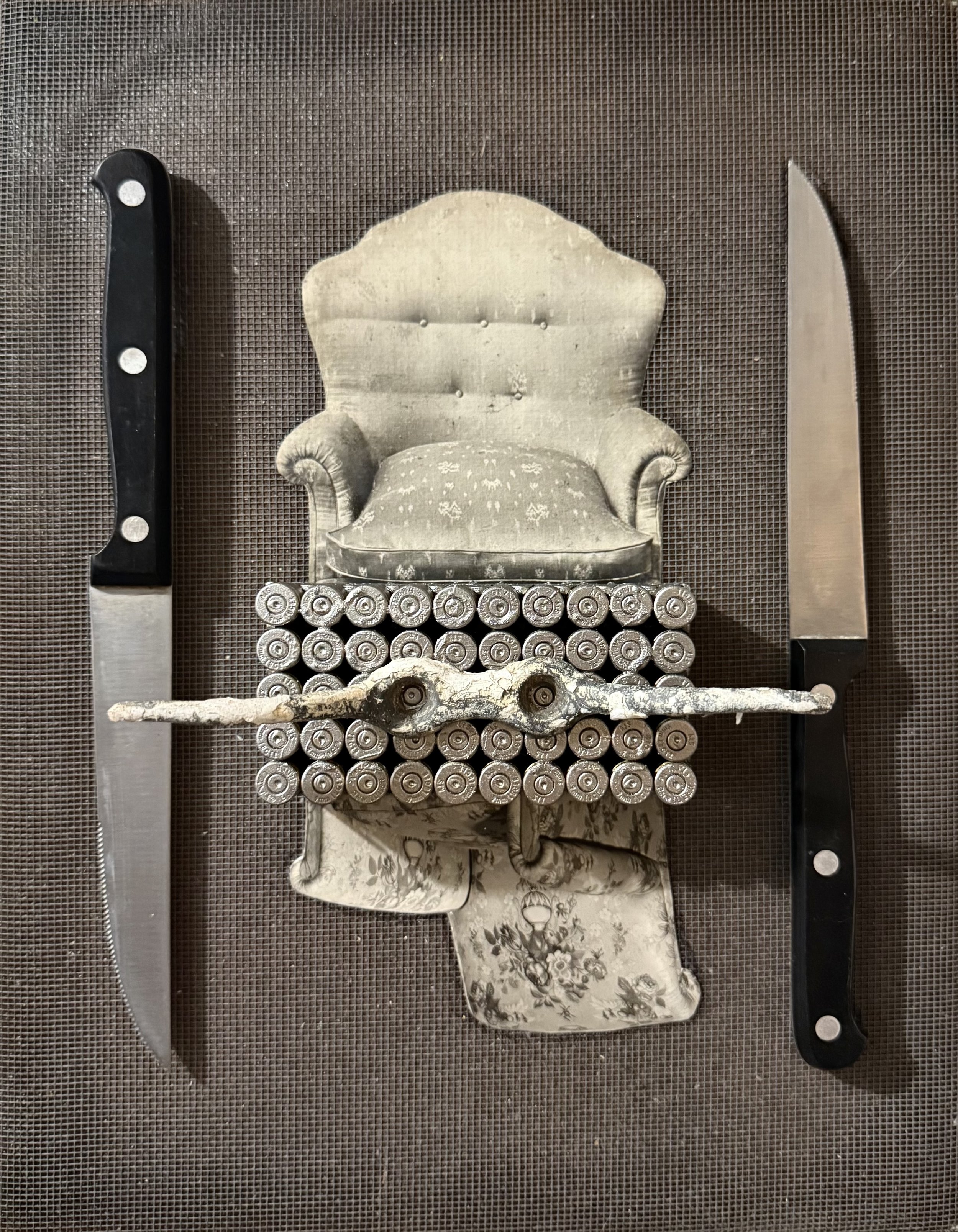  Terms of Engagement , 2026. Cleat, oil, bullet casings, plastic, stainless steel, paper, nylon on masonite – 12.5" X 9.75" X 4"  