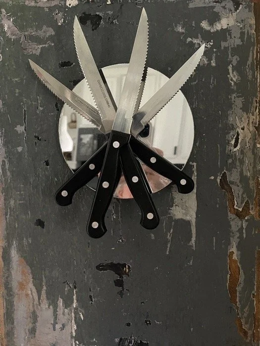  Self Portrait , 2021. Stainless steel, plastic, mirror, oil on canvas – 16" X 12" X 3.25" 