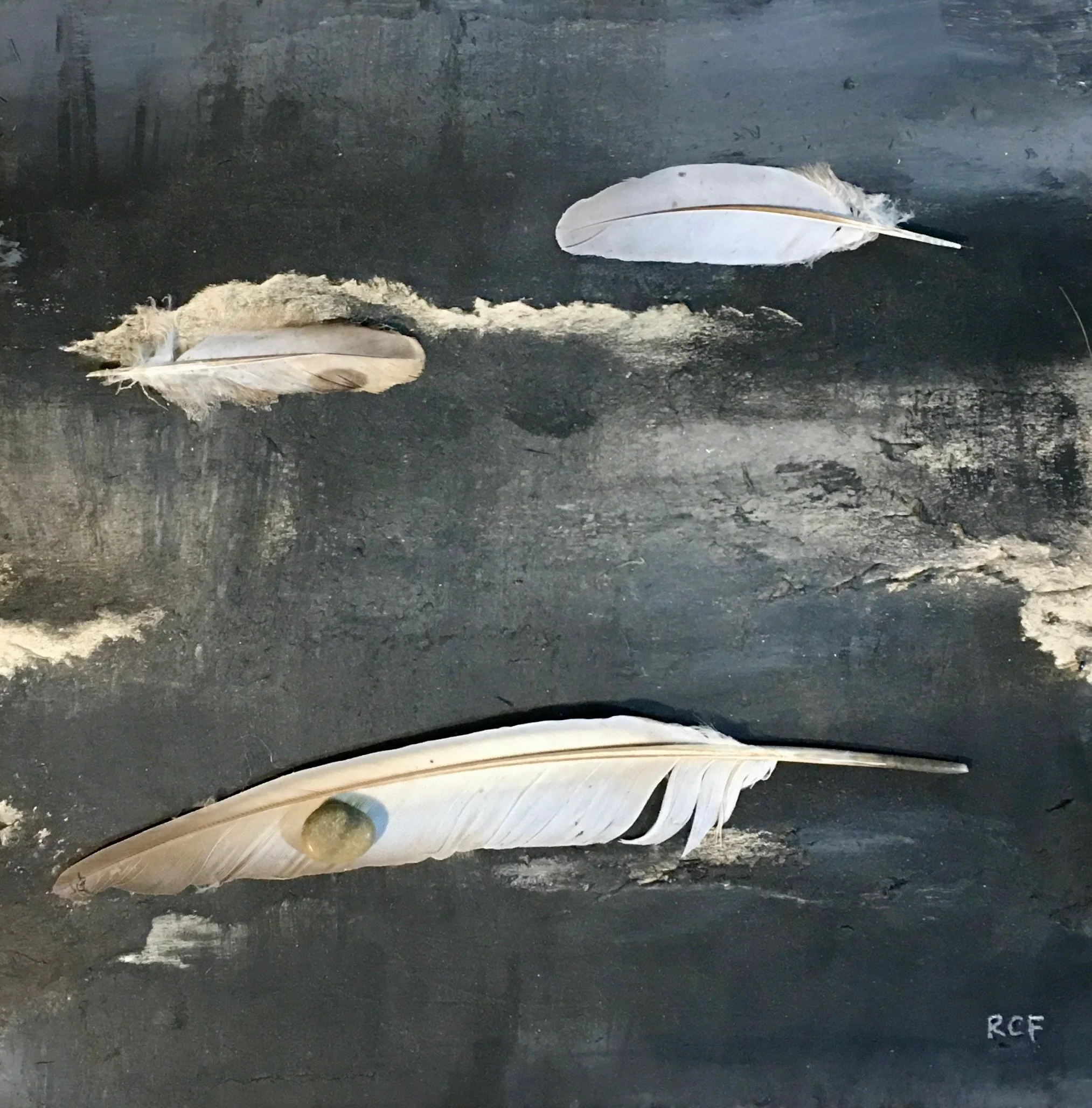  Dreamscape , 2022. Feathers, pebble, India ink, on cardboard – 9" X 9" SOLD 