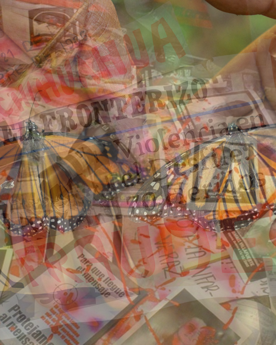 Collage of 3 images overlaying each other with butterfly and headline text appearing with colorful reds and greens