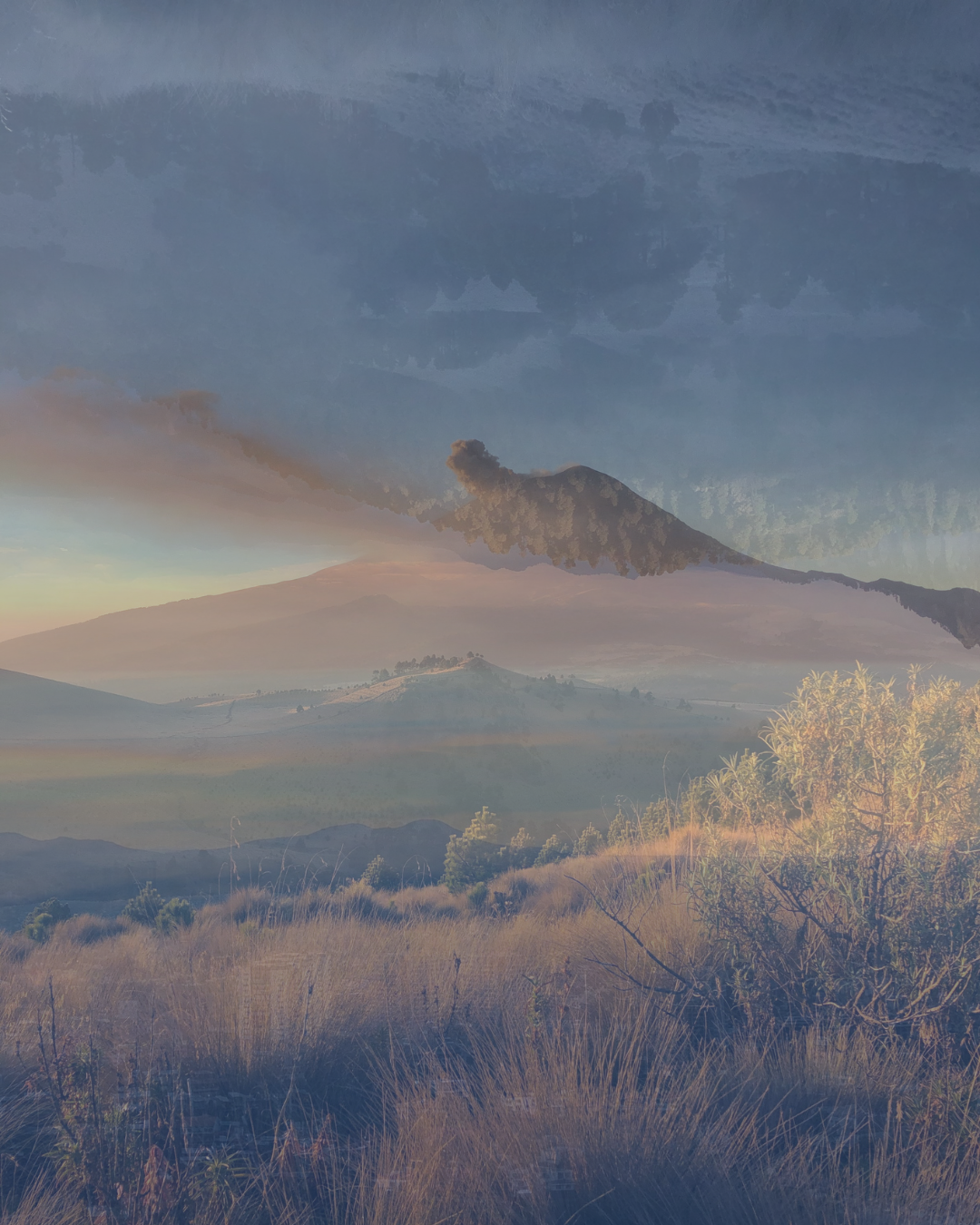 Three landscape pictures from Mexico showing mountain ranges, trees, and sunset overlaying each other in pastel colors