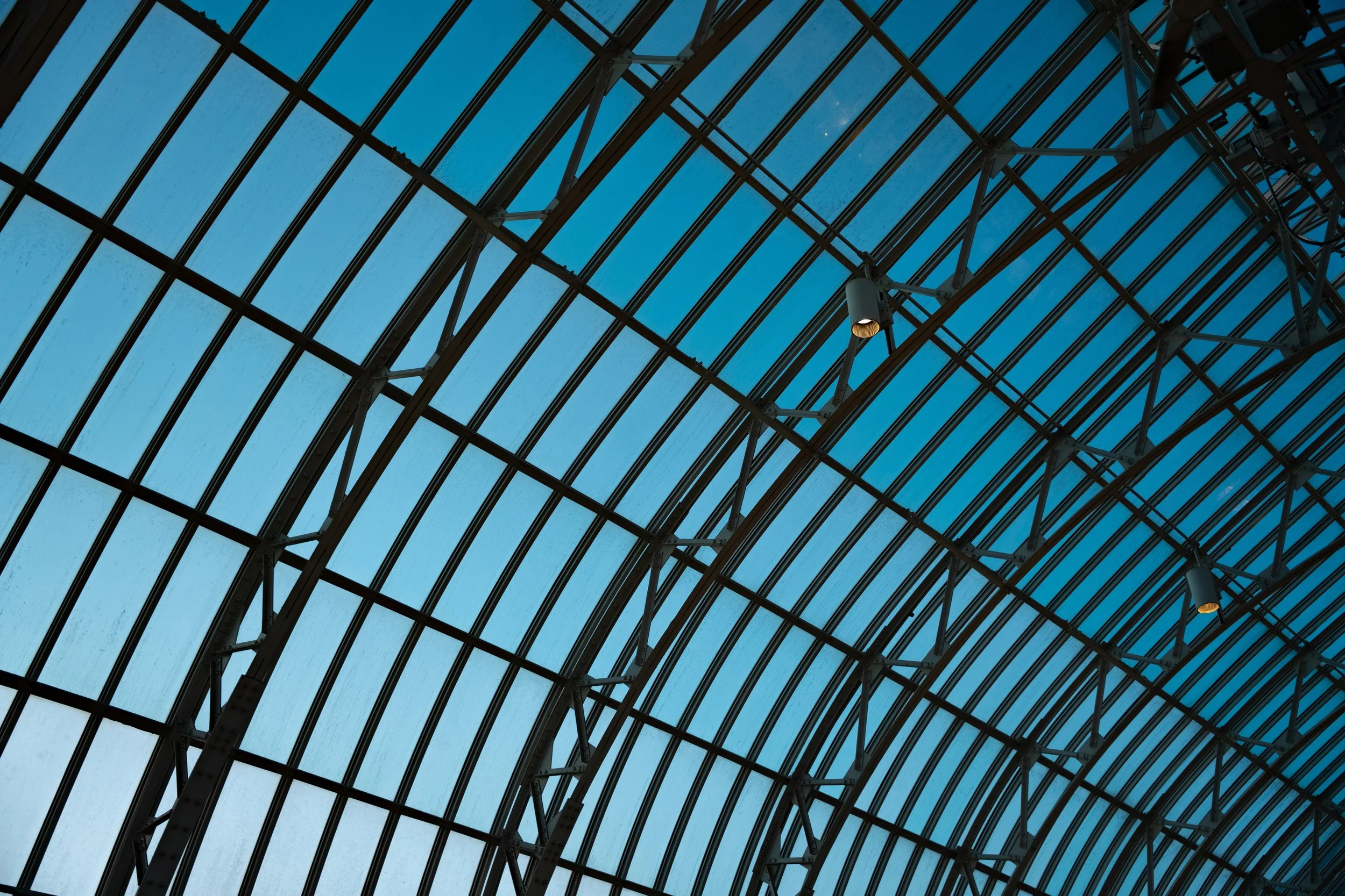 A large architectural glass ceiling with metal framework and a few visible lights, viewed from below during daytime.