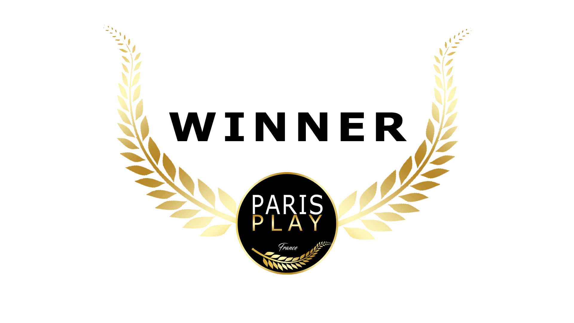 Black circular logo with gold border and text, reading 'PARIS PLAY France' with a wheat design under it, set against a gold and black background