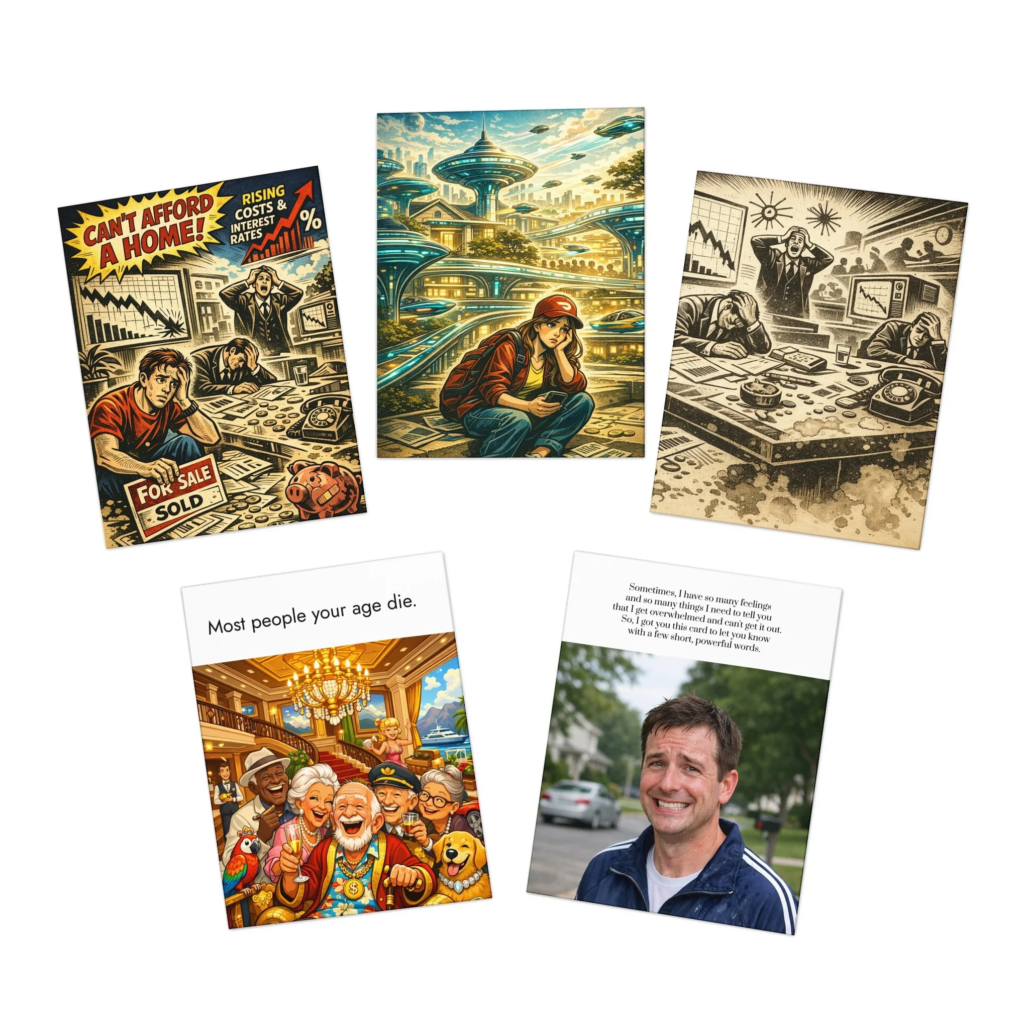 Greeting Cards for schmucks – 5-Pack Assorted Card Set (Includes “Most people your age die.”)