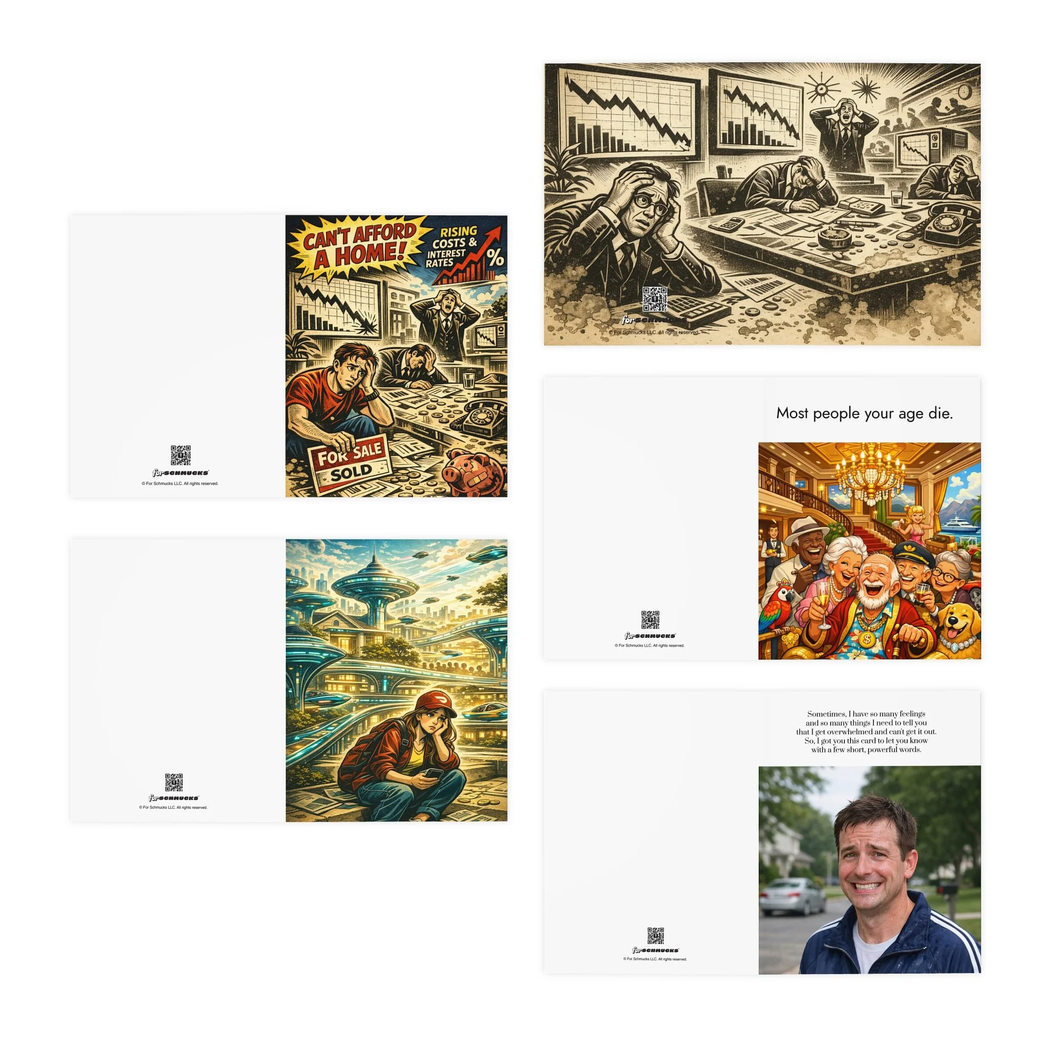 Greeting Cards for schmucks – 5-Pack Assorted Card Set (Includes “Most people your age die.”)