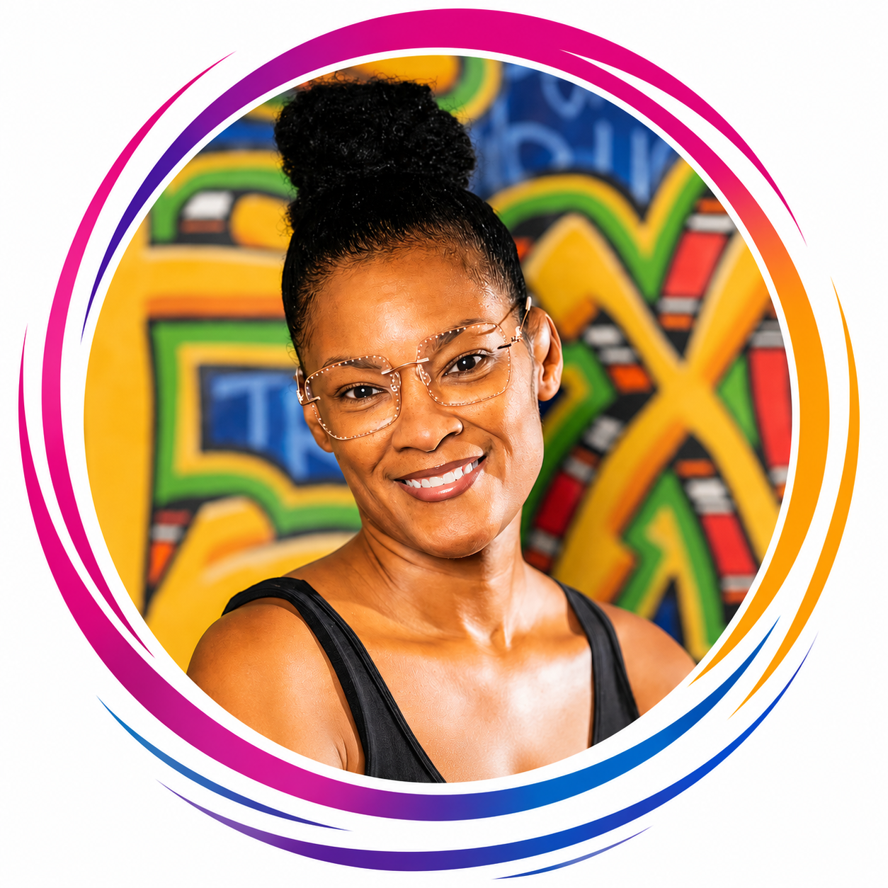 Portrait of a smiling woman with glasses and a black top, with a colorful graffiti background.