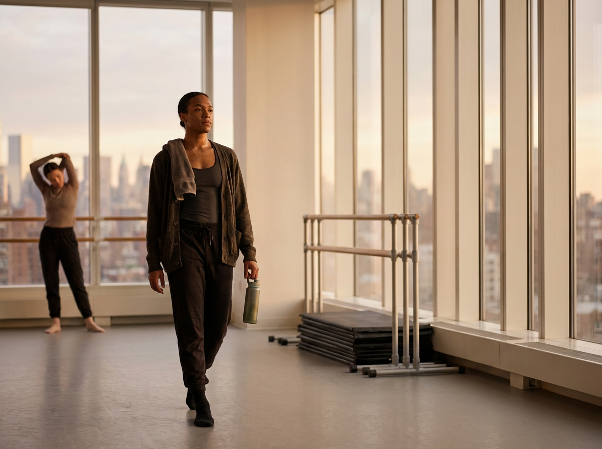 Two women in workout clothes and jackets in a dance or exercise studio with large windows and city views. One woman is holding a water bottle, and the other woman is stretching in the background.