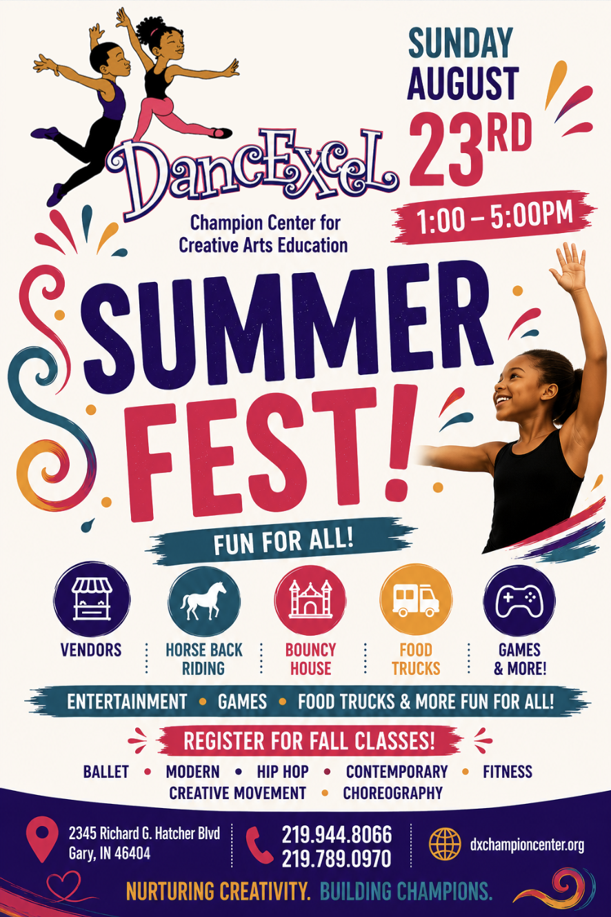 Poster for DanceXcel Summer Fest, happening on Sunday, August 23rd from 1:00 to 5:00 PM at the Champion Center for Creative Arts Education. The festival features vendors, horse back riding, bouncy house, food trucks, games, entertainment, and dance classes such as ballet, modern, hip hop, contemporary, fitness, creative movement, and choreography.