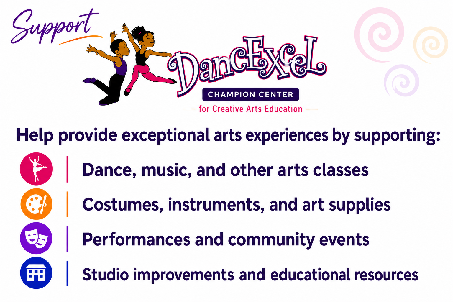 Support DanceXcel Champion Center for Creative Arts Education by donating; promotes arts classes, costumes, community events, and studio improvements.