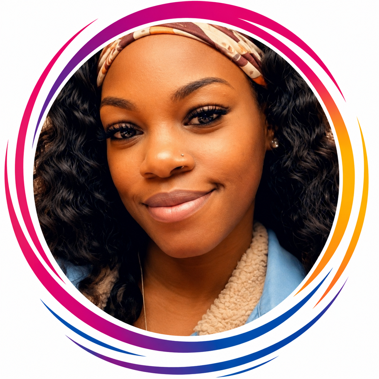 Close-up of a smiling woman with curly black hair, wearing a patterned headband, pearl earrings, and a blue jacket with a beige collar, surrounded by a colorful circular graphic.