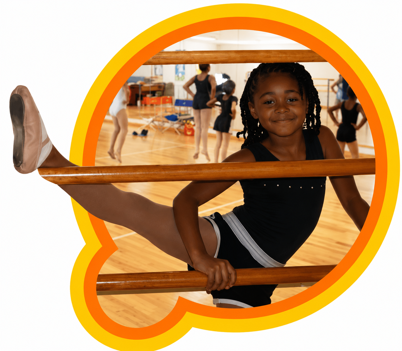 Young girl in a black dance outfit stretching on a ballet barre in a dance studio, with other dancers practicing in the background, framed by a colorful peacock-shaped border.