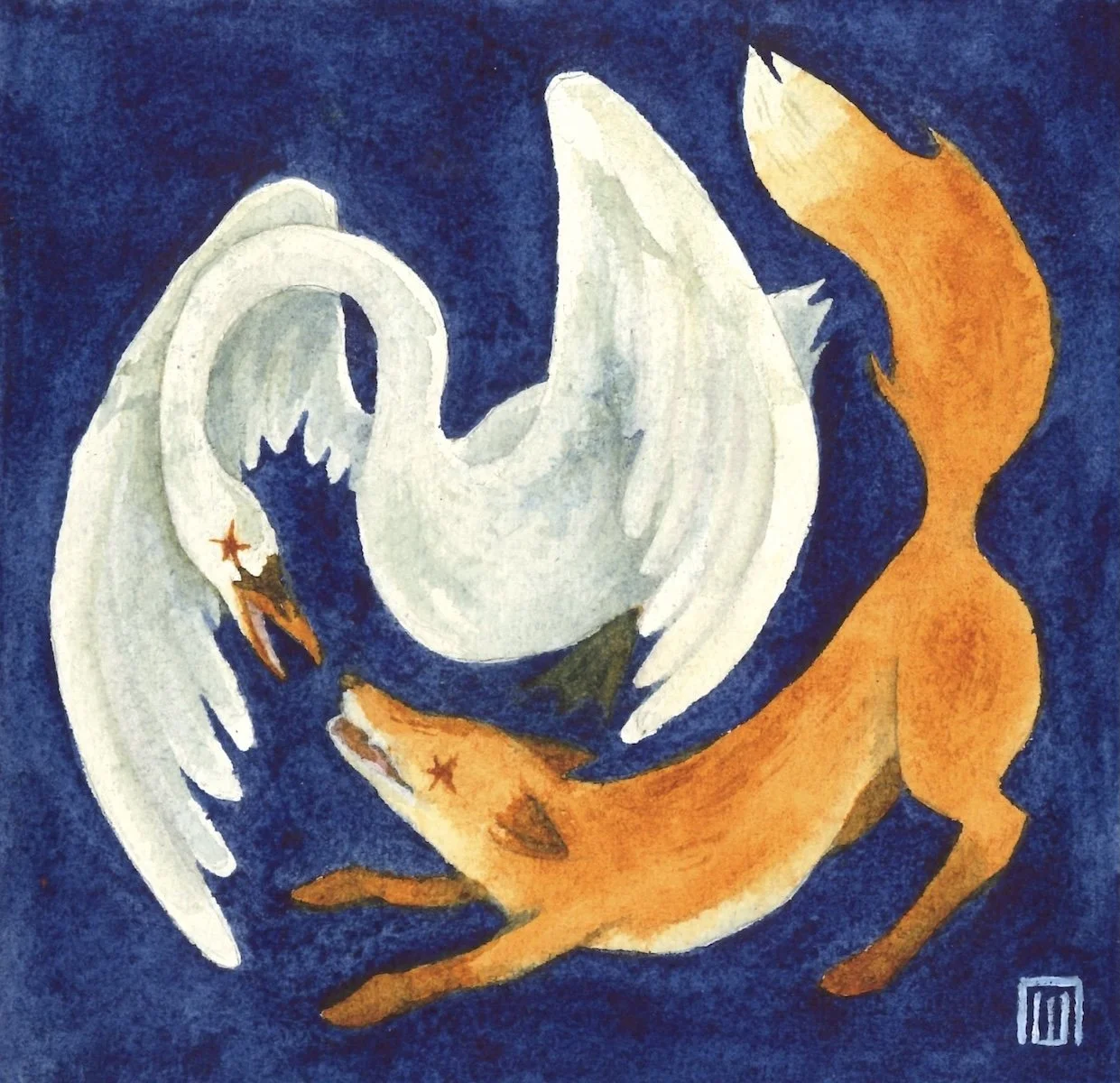 Fox & Swan - Watercolor on paper