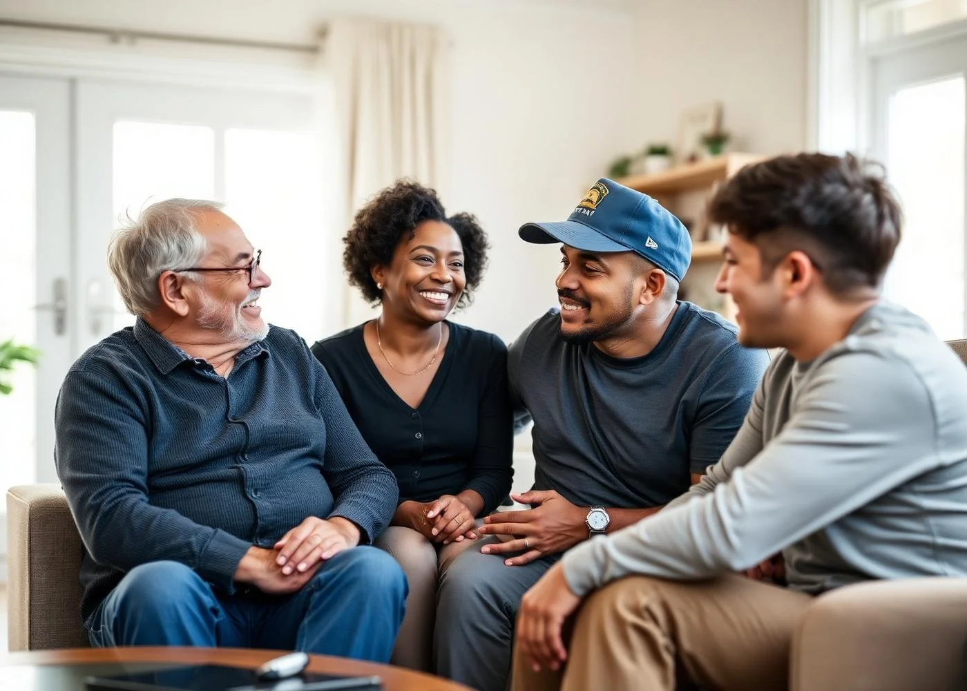 Four people smiling and talking together in a living room.