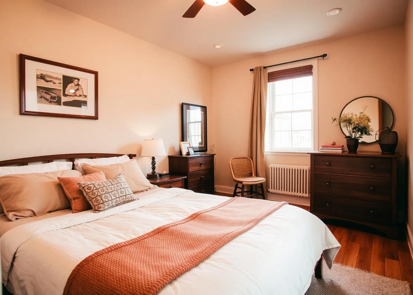 Cozy bedroom with a large bed, pillows, wooden furniture, window with curtains, and decorative items.