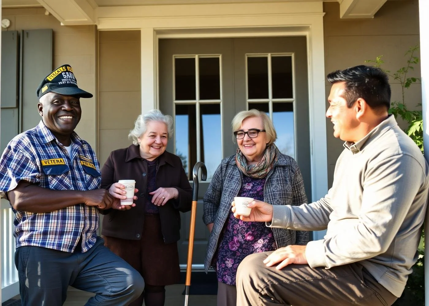 Four seniors on a porch enjoying coffee and conversation, with a man in veteran cap and women with glasses, one with a cane.