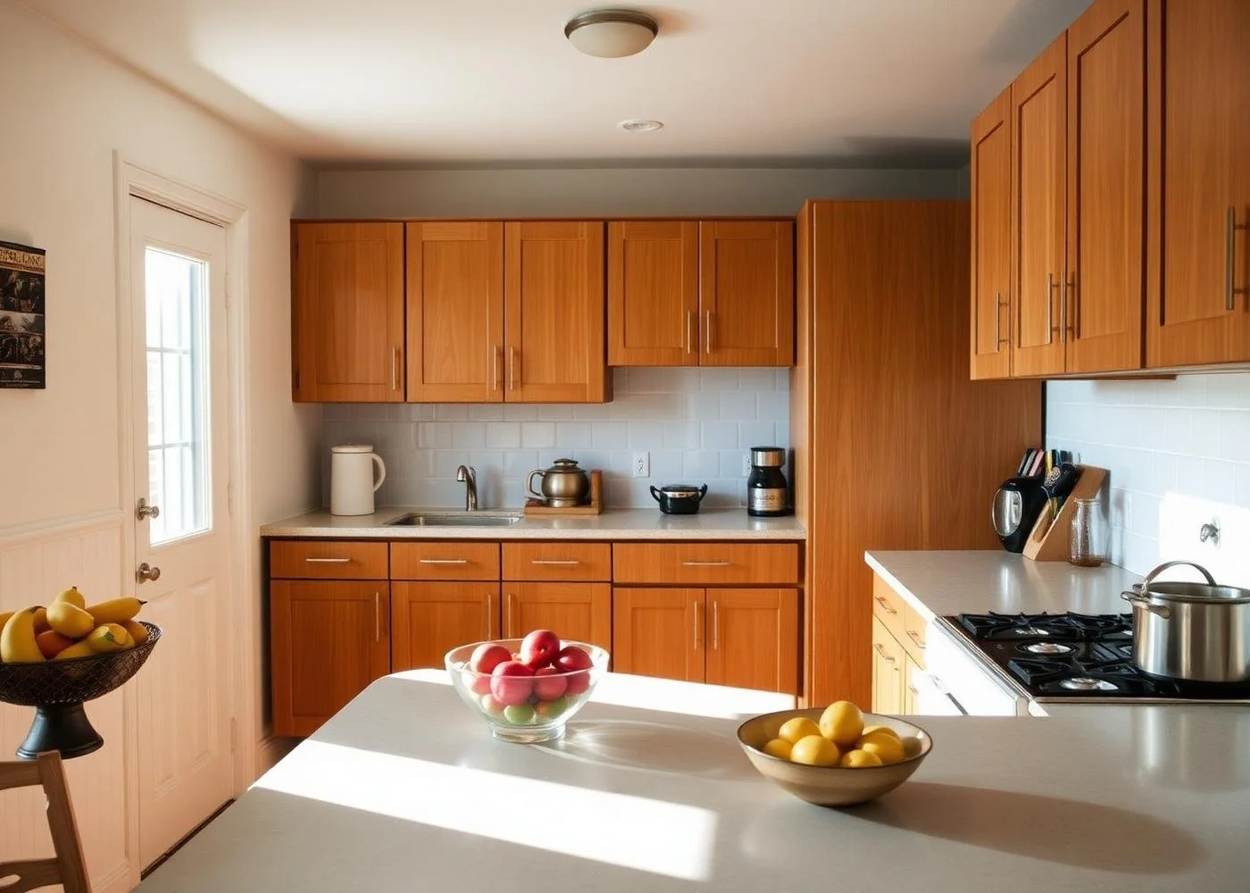 A kitchen with wooden cabinets, a white countertop, a bowl of lemons, a bowl of apples, and various appliances and utensils near the stove and sink.