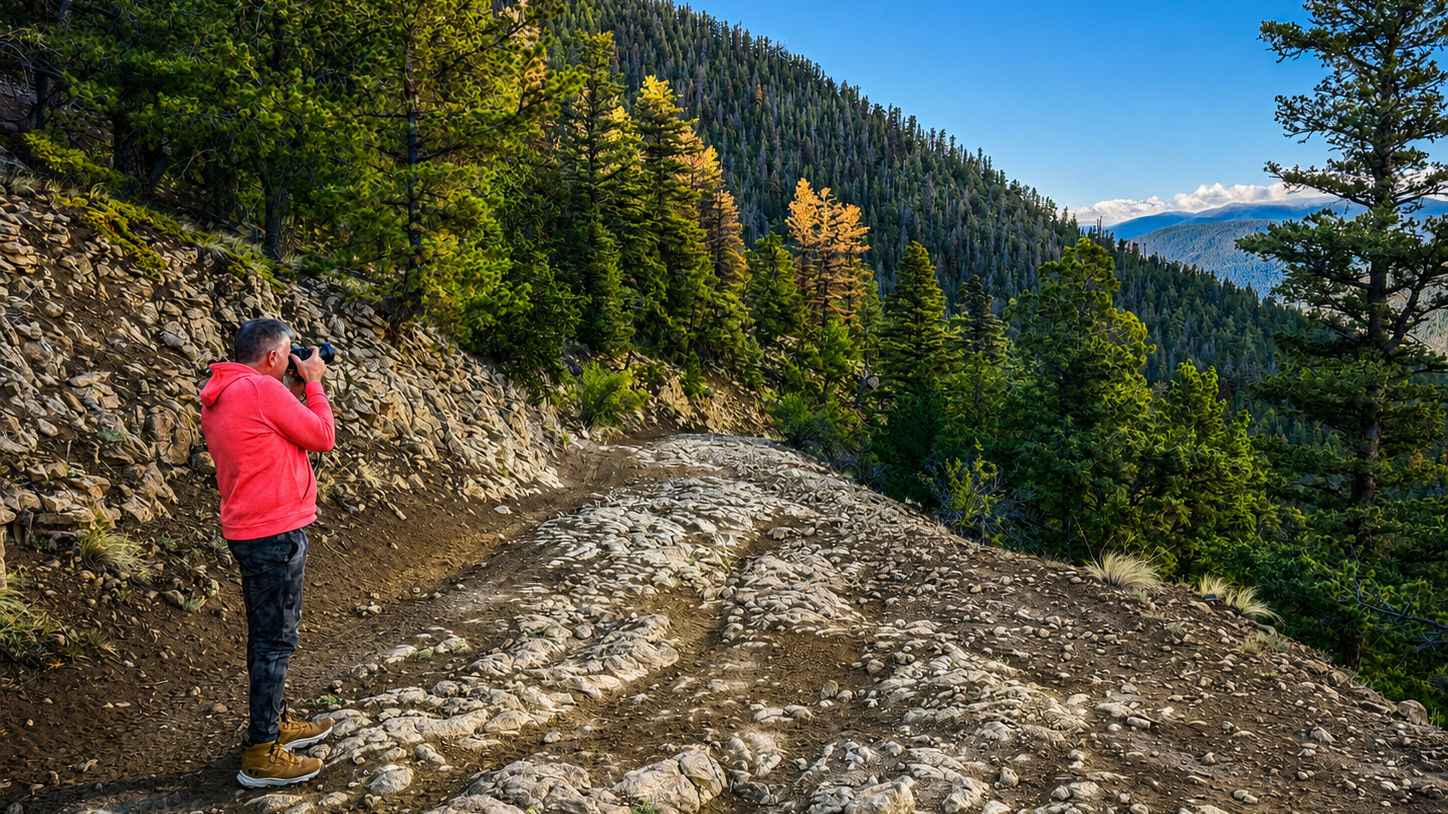 Photographer Christopher Fraser capturing a mountain landscape from a rocky trail surrounded by rugged peaks and alpine scenery.
