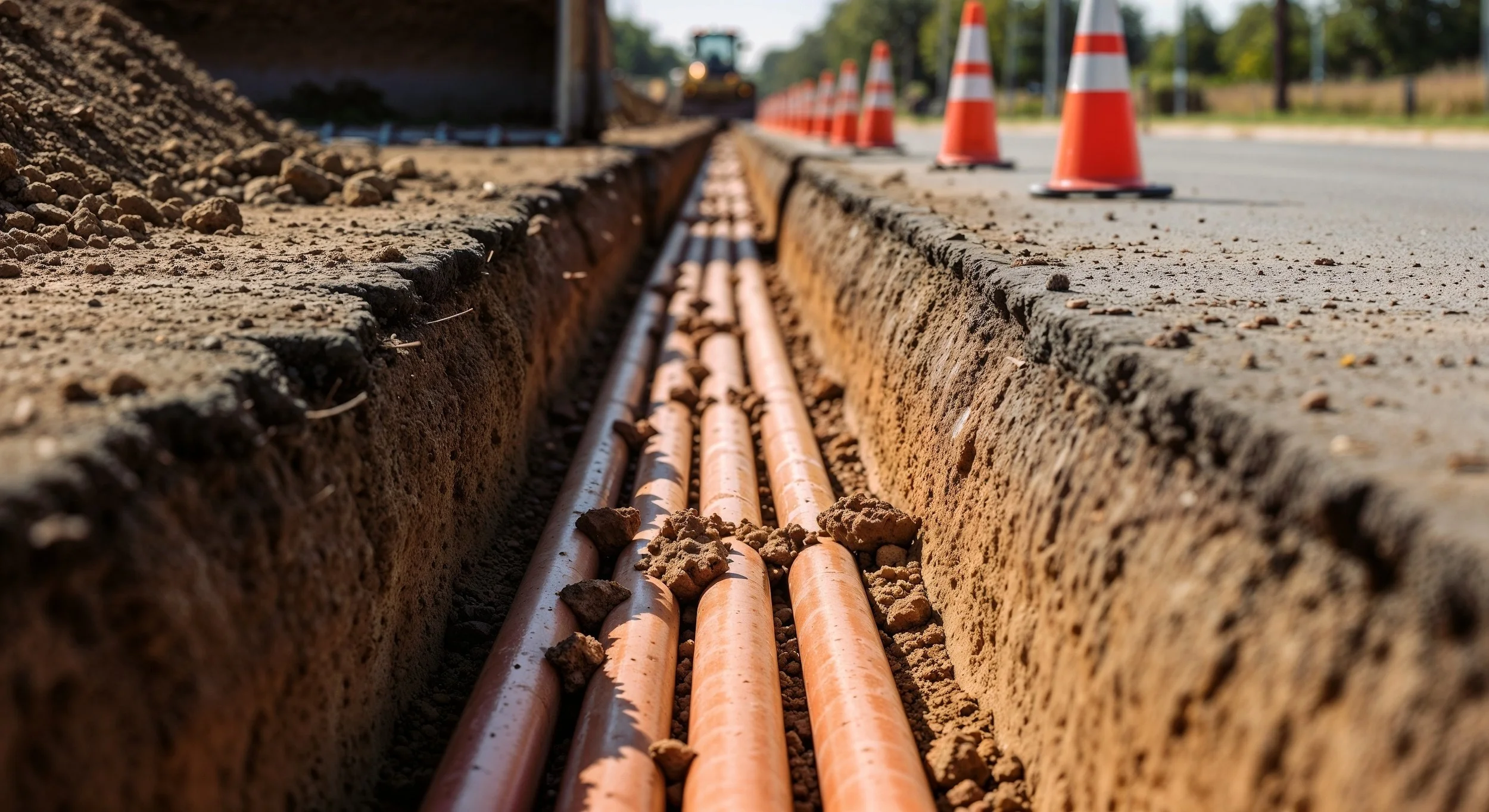 Underground utility conduits installed in a trench alongside a roadway, with traffic cones marking the work zone.