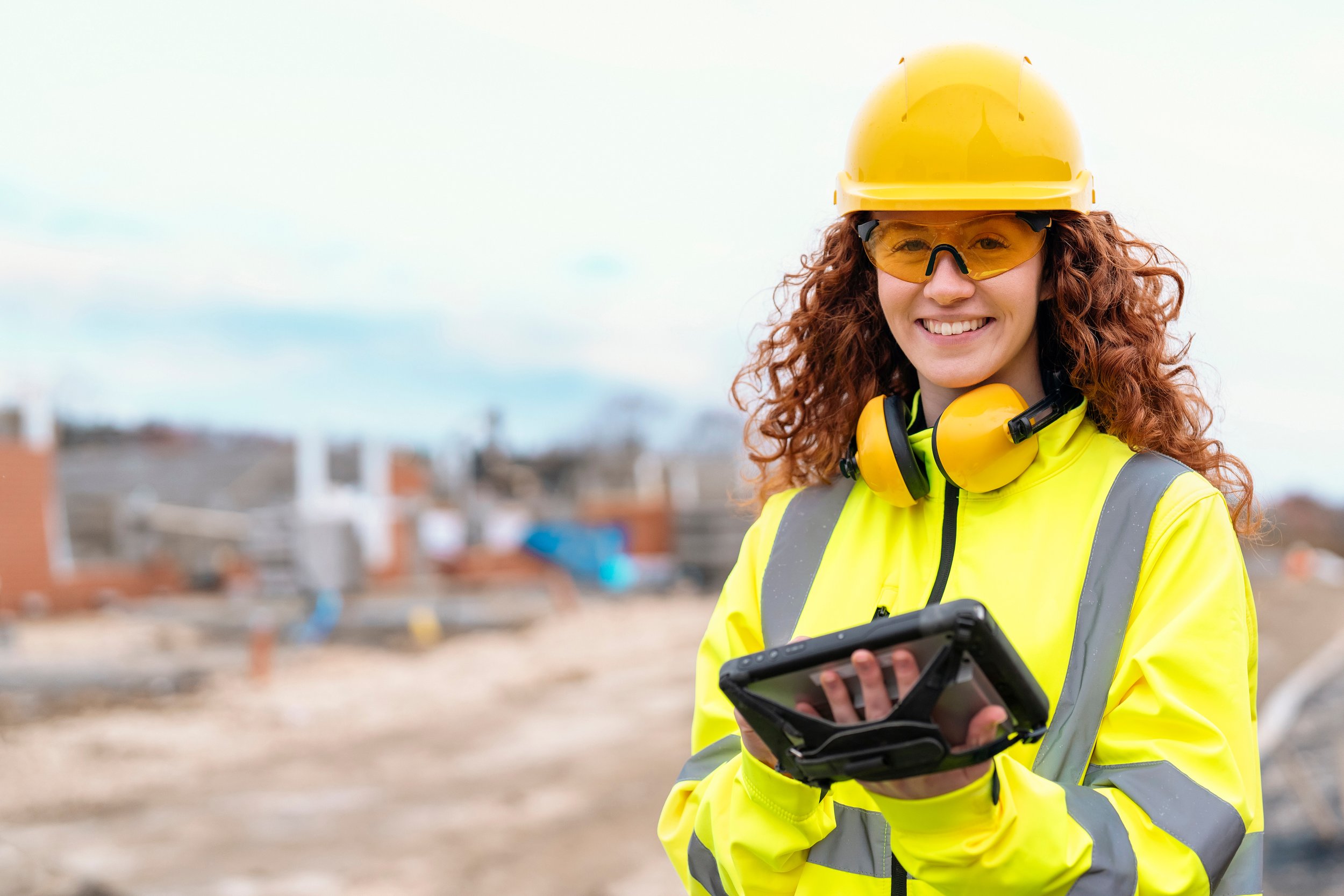 A woman wearing a yellow high vis vest, hardhat, safety glasses and hearing protection stands at a construction site, smiling, holding an ipad
