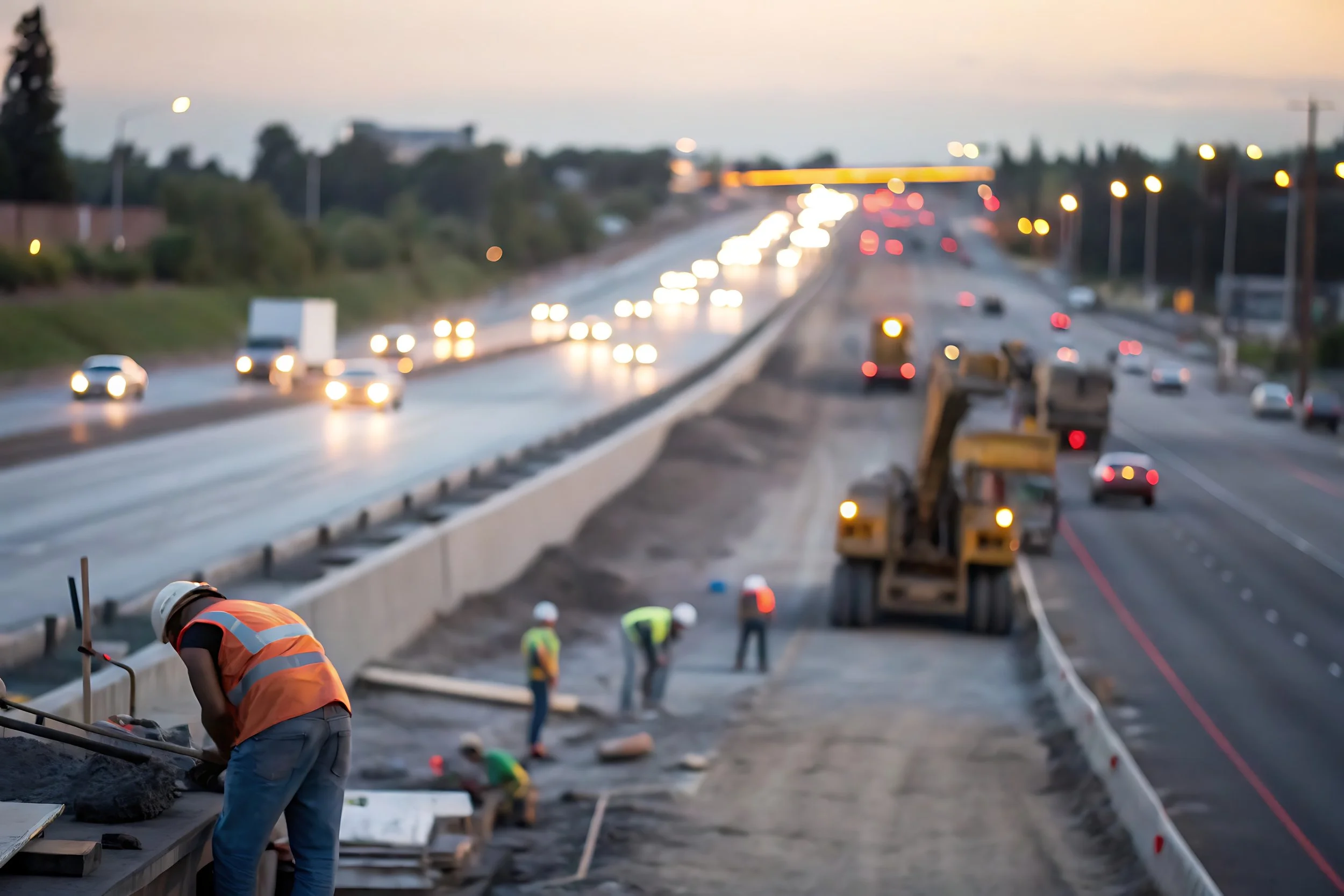 Road construction workers and heavy equipment operate alongside a multi-lane highway at dusk, with traffic moving in both directions.