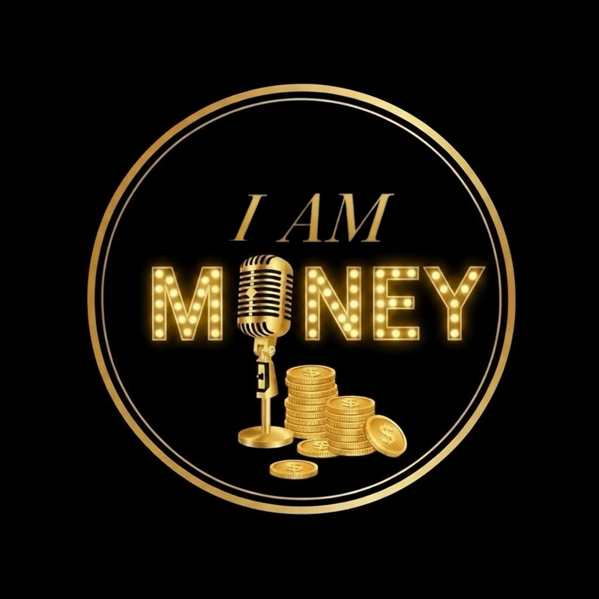 Gold and black illuminated sign saying "I AM LIVE" with a vintage microphone and a stack of gold coins.