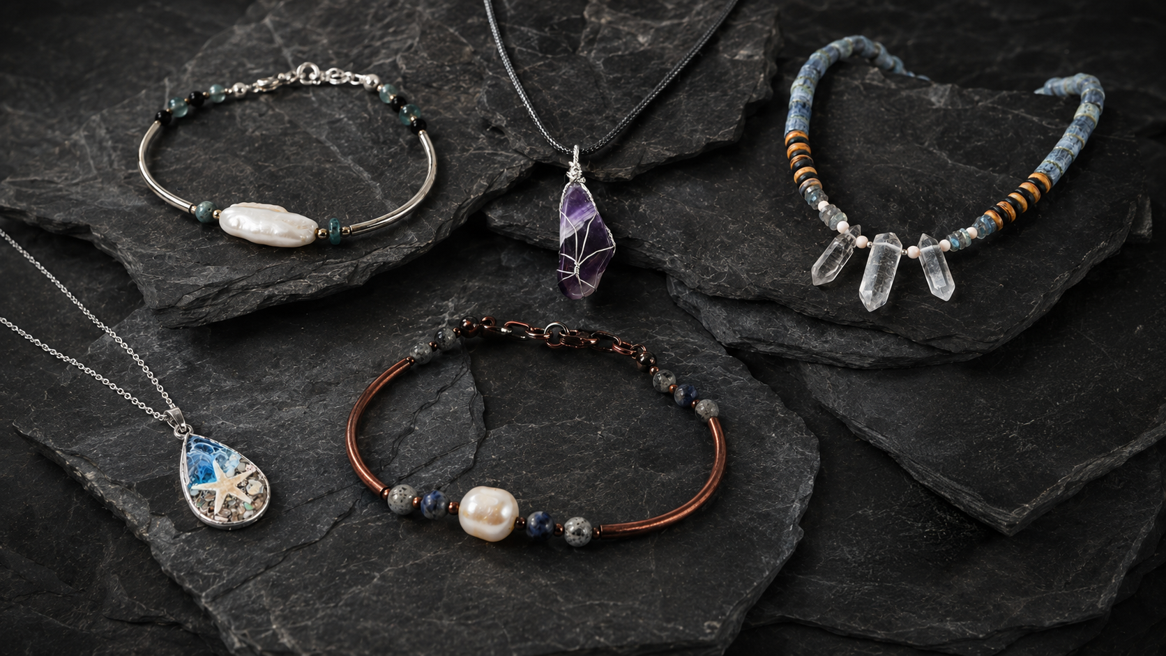 This is an image of jewelry on a slate rock background.