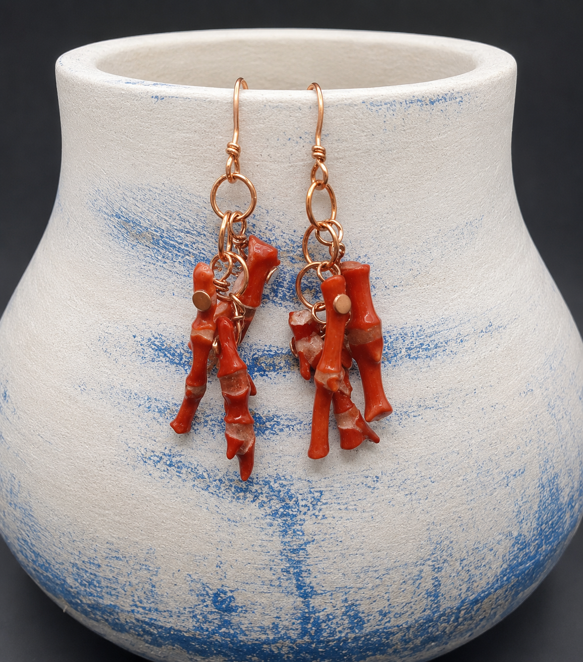 Red coral and copper dangle earrings