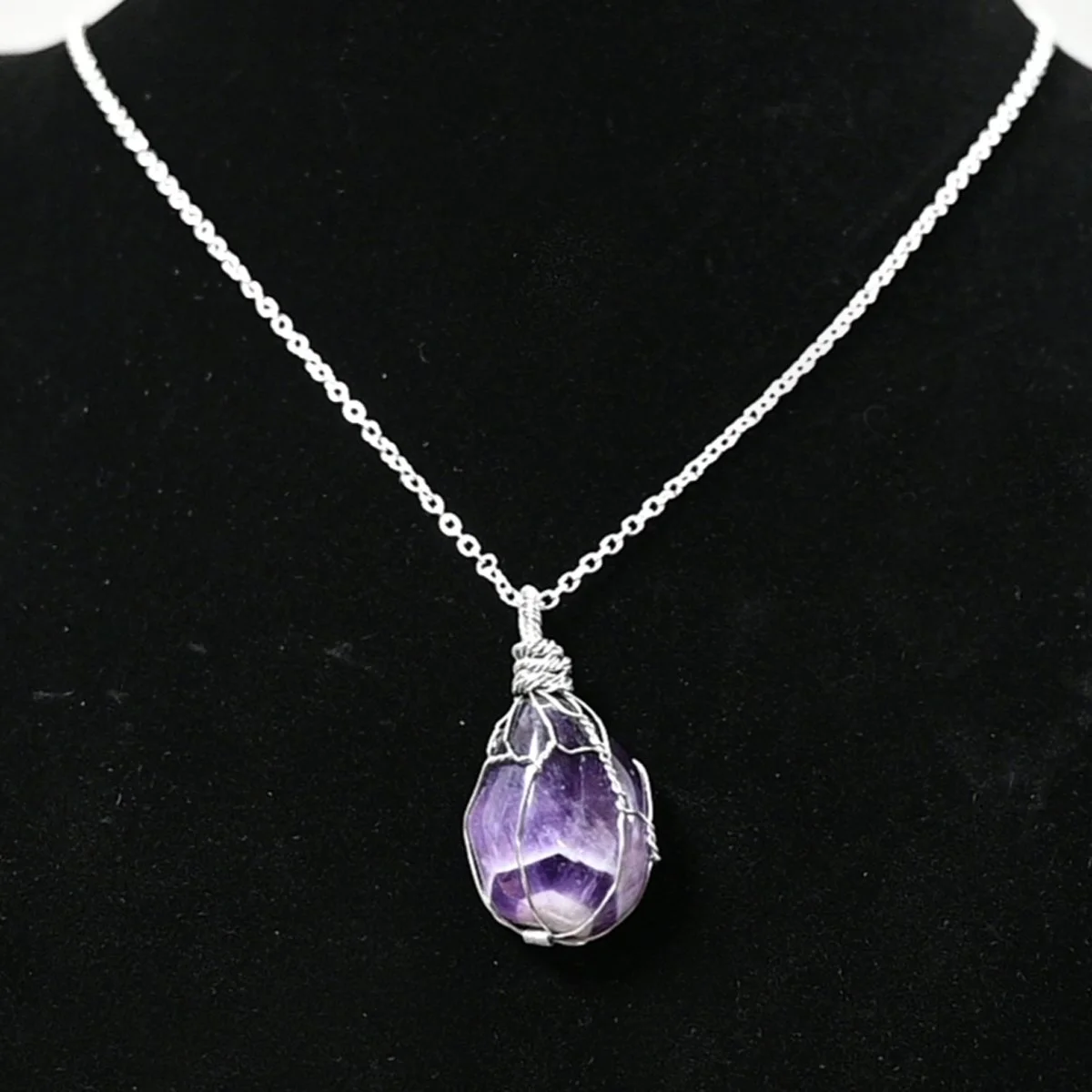 Wire wrapped chevron amethyst gemstone necklace, 20", SS plated