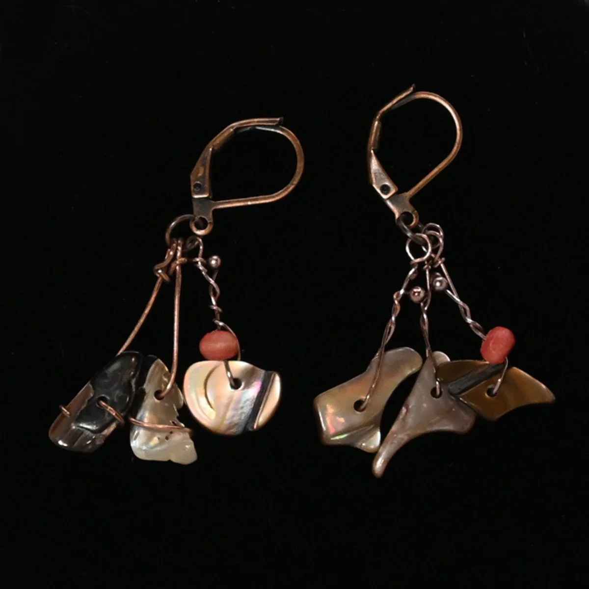 Shell, wood and copper earrings