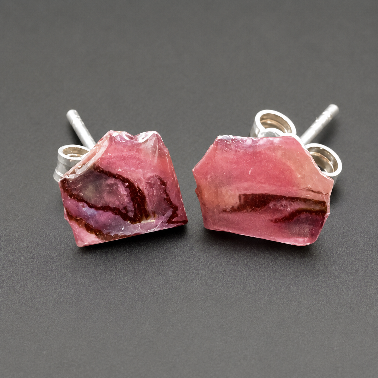 Pink abalone shell resin-sealed stud earrings, SS plated