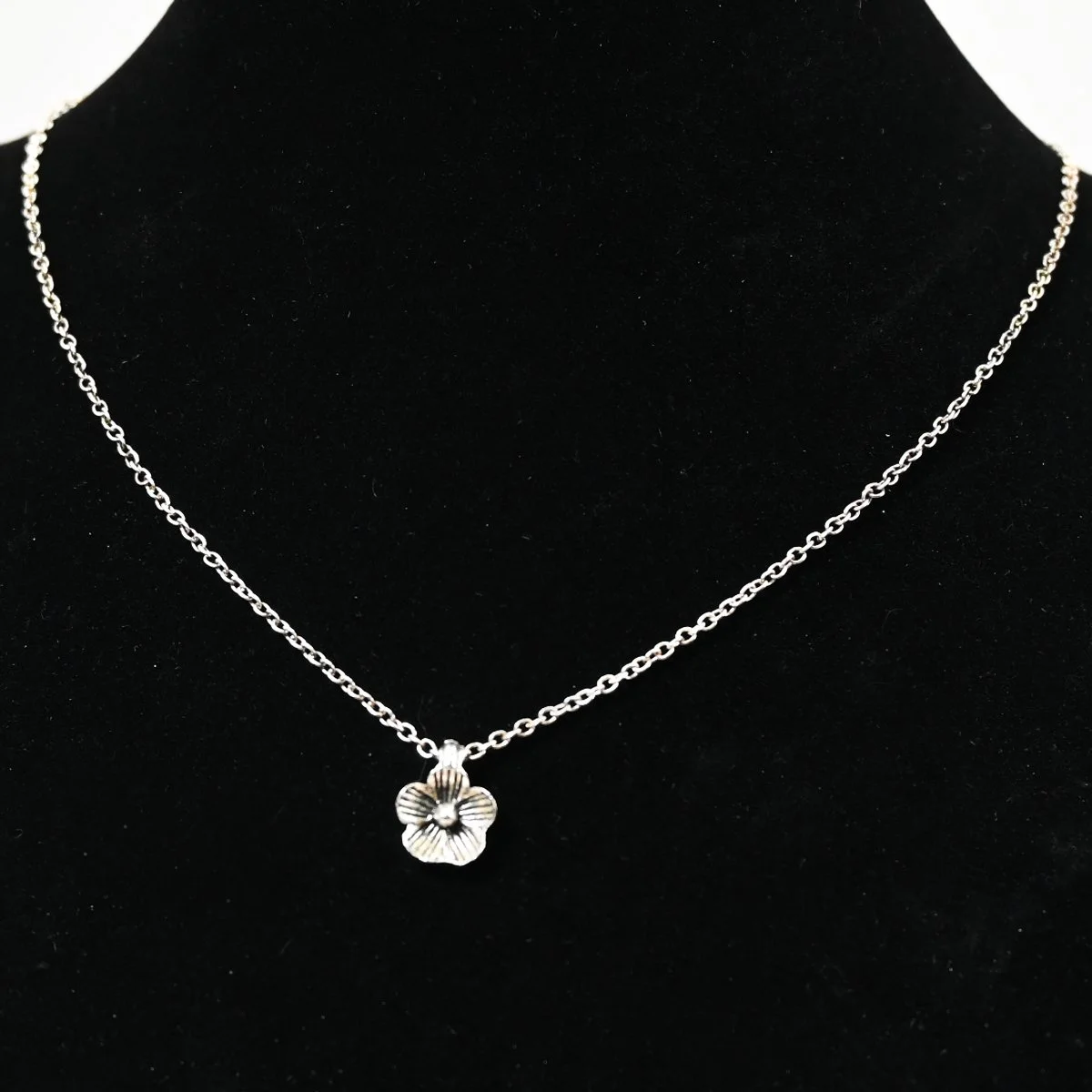 Tiny flower, sterling silver plated necklace, chain 20"