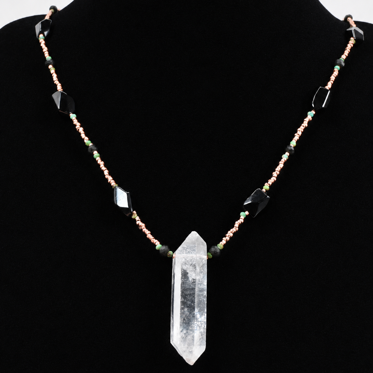 Copper, black spinel, turquoise, rainbow obsidian and tibetan crystal point necklace, 29 inches