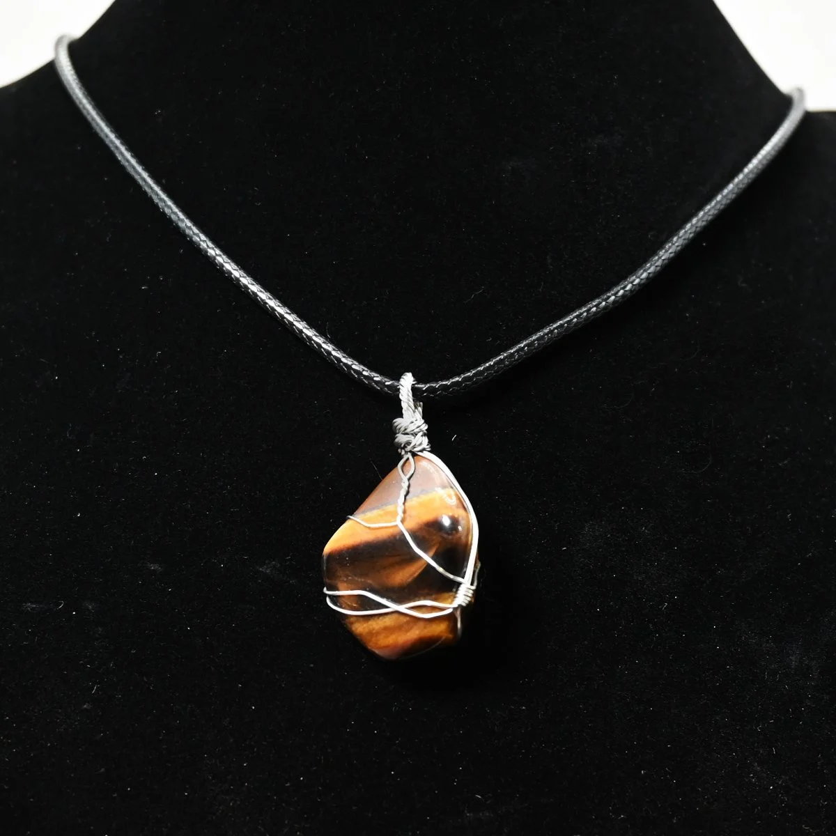 Wire wrapped tigers eye pendant, rope necklace, 20"