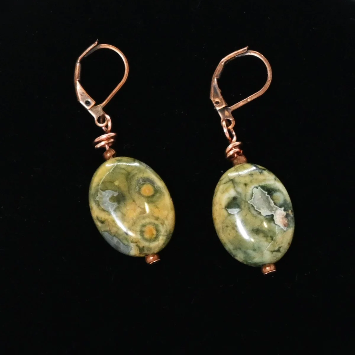 Rainforest Jasper gemstone and copper drop earrings