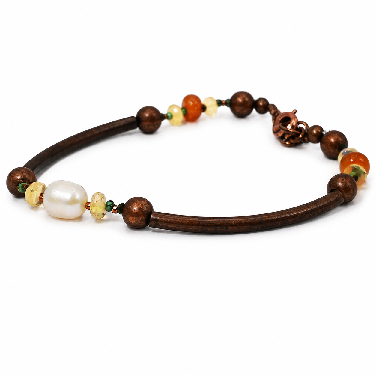 Pearl, turquoise, ethiopian opal, and carnelian copper bracelet